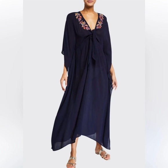 Johnny Was Dresses & Skirts - Johnny Was Golda Maxi Kaftan Large Navy Blue Swim Dress Cover Up Boho Floral
